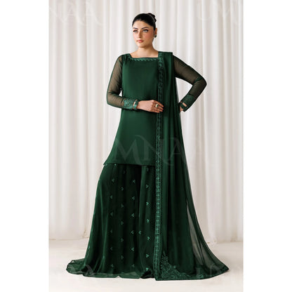 UA-230 Chiffon Sharara Full Sleeves Lined 3 Piece Suit | Chiffon Shirt with Embroidered Sharara & Dupatta | Formal Party Wear