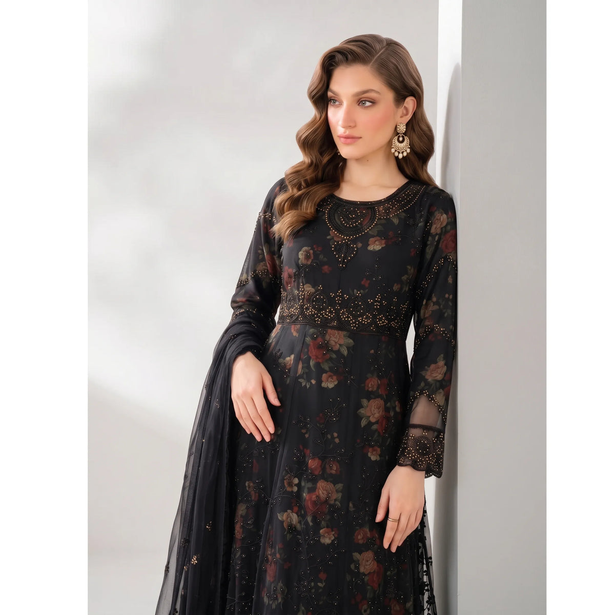 UA-224 Embroidered Chiffon Frock 3 Pc Suit | Printed Inner Lining | Trouser & Chiffon Dupatta | Formal Party Wear