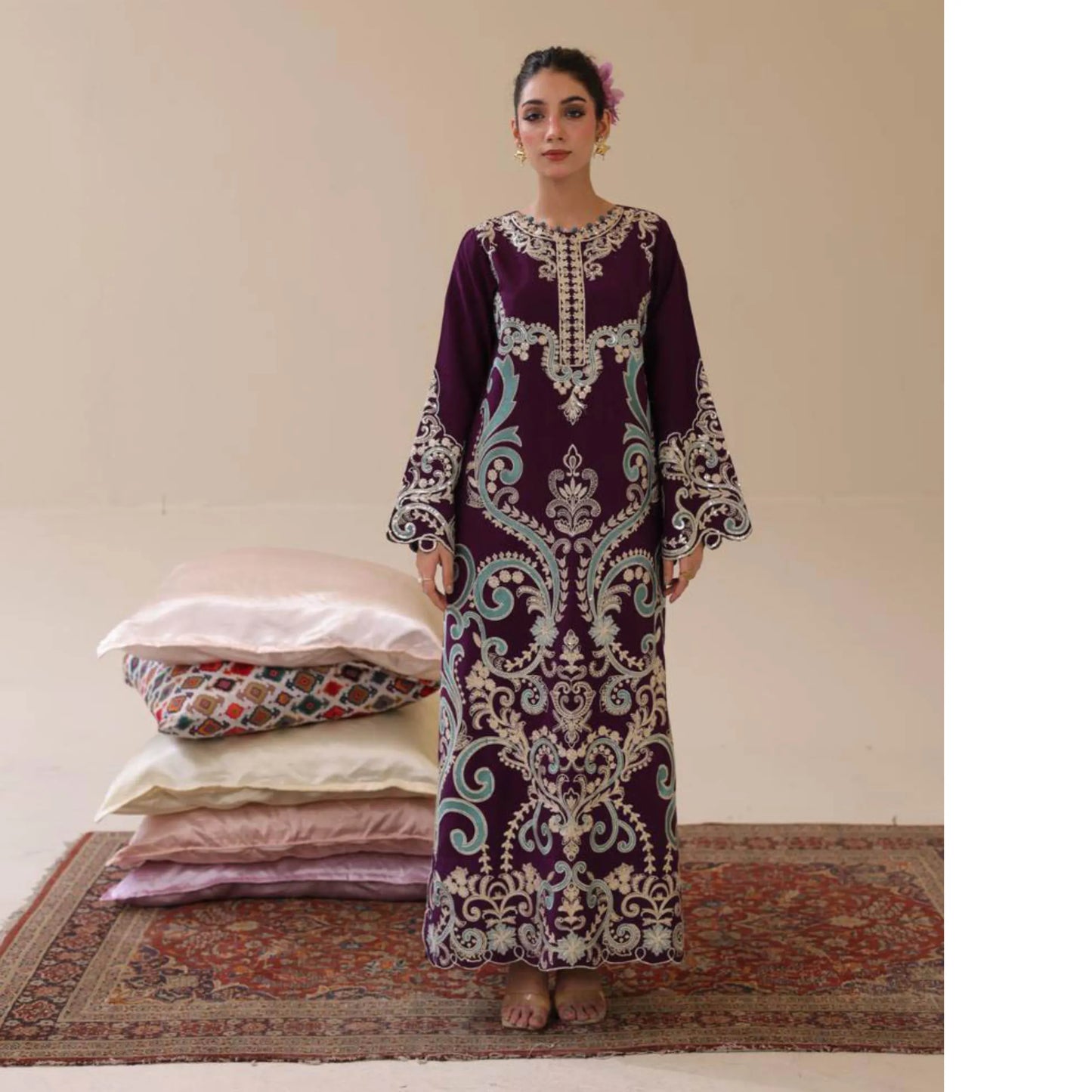 UAL-02 Embroidered Kaftan Raw Silk Co-Ord Set 2 Pc | Adan's Libas