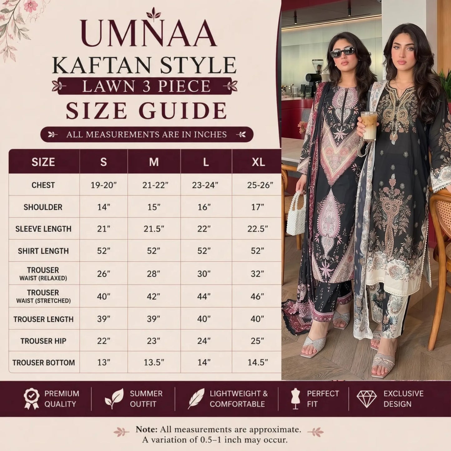 UA-274 Printed Lawn Long Kaftan Style 3 Pc Collection | Umnaa