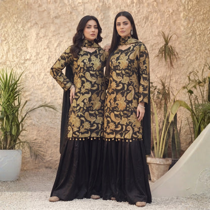UA-245 Trendy Indian Armani Silk 3 Piece Suit by Umnaa | Embroidered Kameez with Shamoos Silk Bengali Shararah & Chiffon Dupatta | Festive & Party Wear