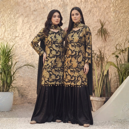 UA-245 Trendy Indian Armani Silk 3 Piece Suit by Umnaa | Embroidered Kameez with Shamoos Silk Bengali Shararah & Chiffon Dupatta | Festive & Party Wear