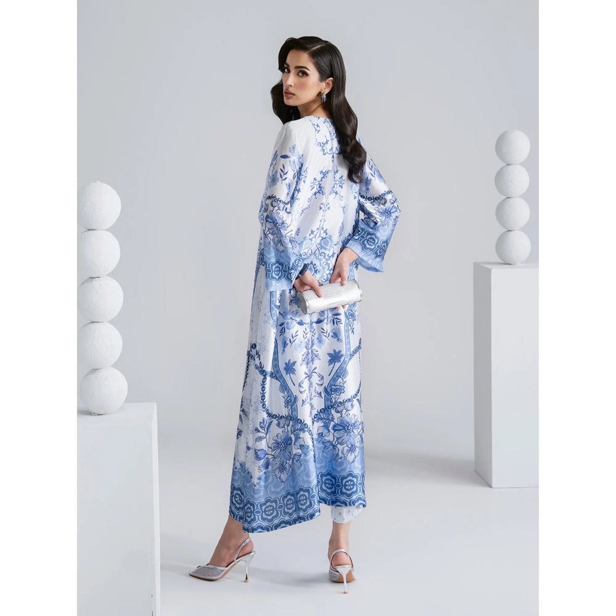 UAL-08 Printed Silk Kaftan with Trouser 2 Pc Set | Ally's