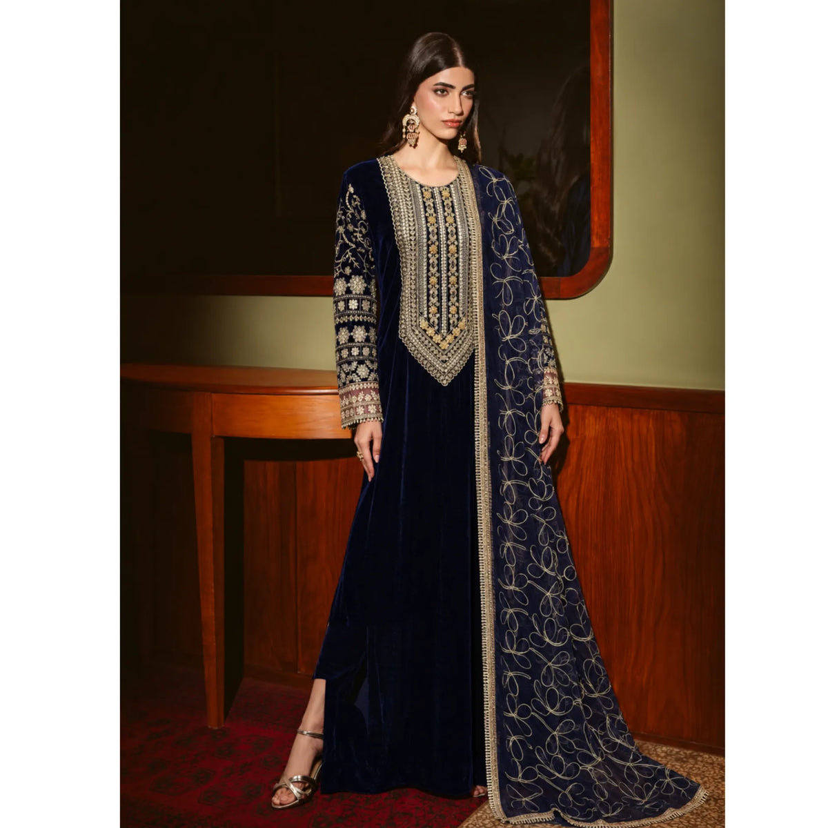 UA-324 Embroidered Velvet Kaftan 3 Pc | Umnaa - Navy Blue