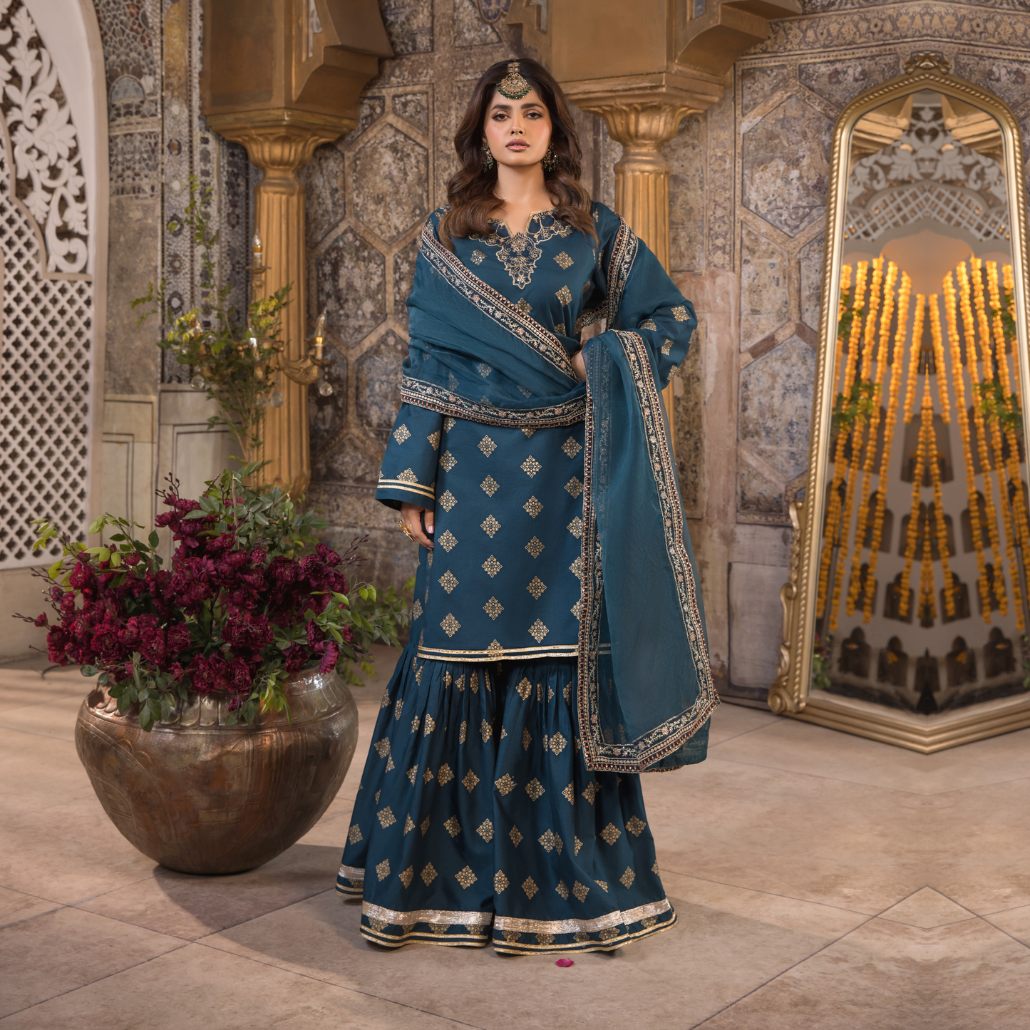 UHE-49 (Teal blue) 3 Pc Embroidered Cambric Cotton ready to wear Dress | Eid Wear | Heera's