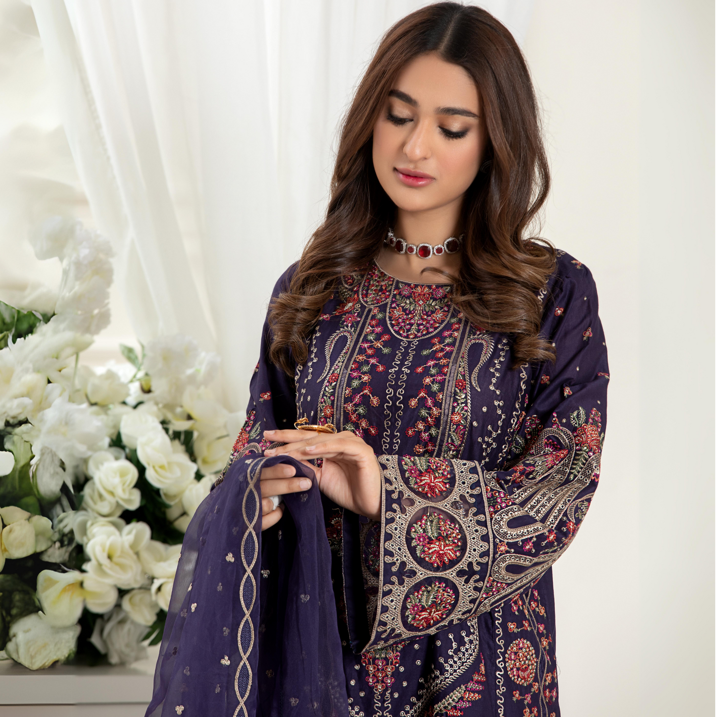(Blue) 3 Pc Embroidered Viscose Ready to Wear Dress | Winter Wear | Heera's