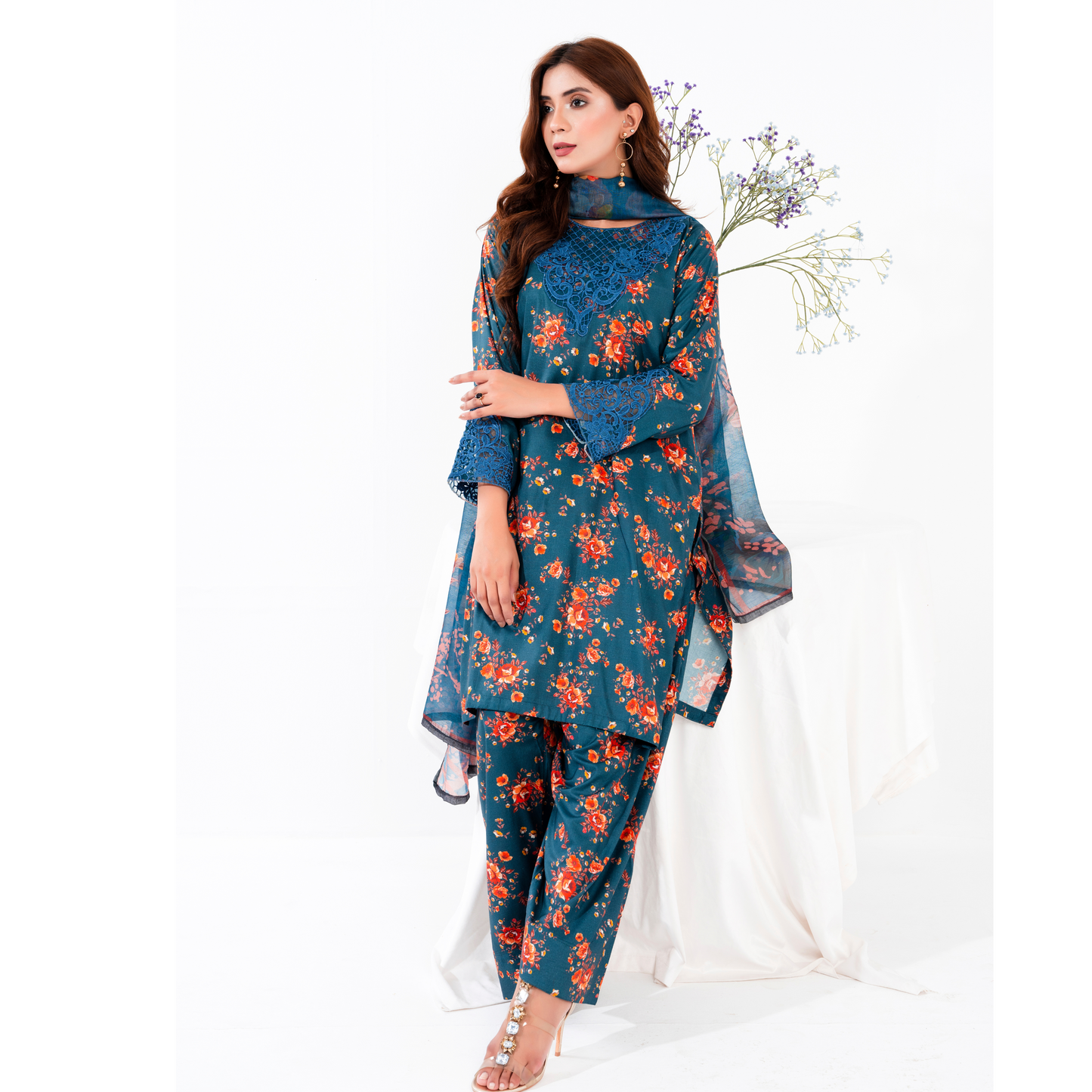 (Regal blue) 3 Pc Printed Floral Embroidered Linen Dress Winter Wear | Raniya.h