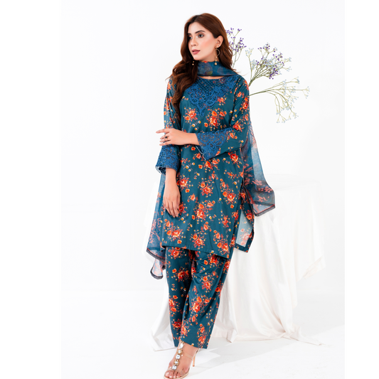 (Regal blue) 3 Pc Printed Floral Embroidered Linen Dress Winter Wear | Raniya.h