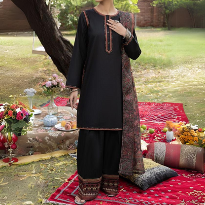 (Black) Embroidered Farshi shalwar Cotton 3 Pc Ready to Wear by Casuallite