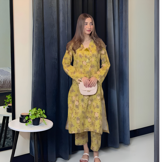 (Dull Mustard) 2 Pc floral Printed Khaddar Pakistani Co-Ords Set | Ready to wear| Naubahar