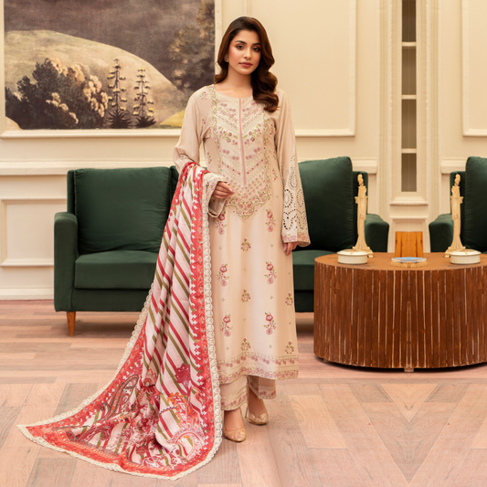 (BEIGE) 3 Pc Ready to Wear Embroidered Printed Collection | Karma Collection | UMKC0804