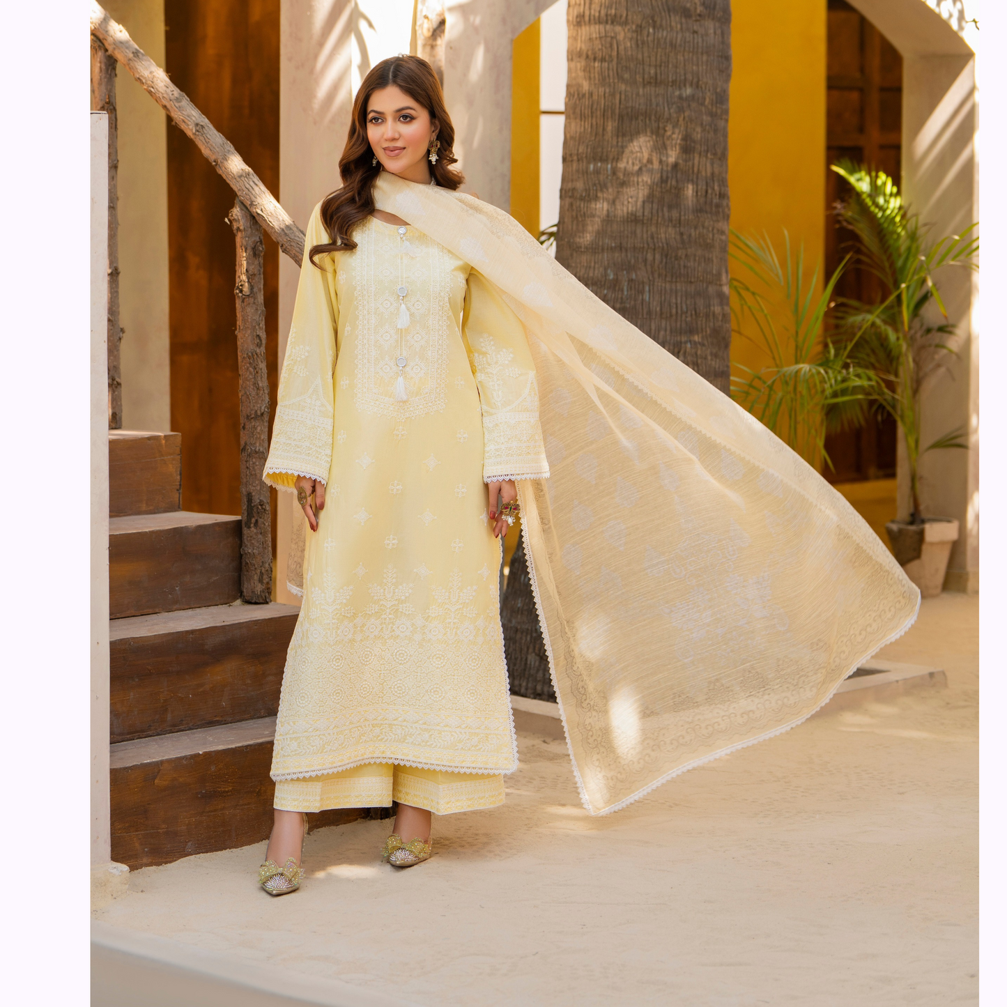 KC-1442 Embroidered Chikankari Cambric Cotton Dress Ready to Wear 3 Pc - Karma Collection