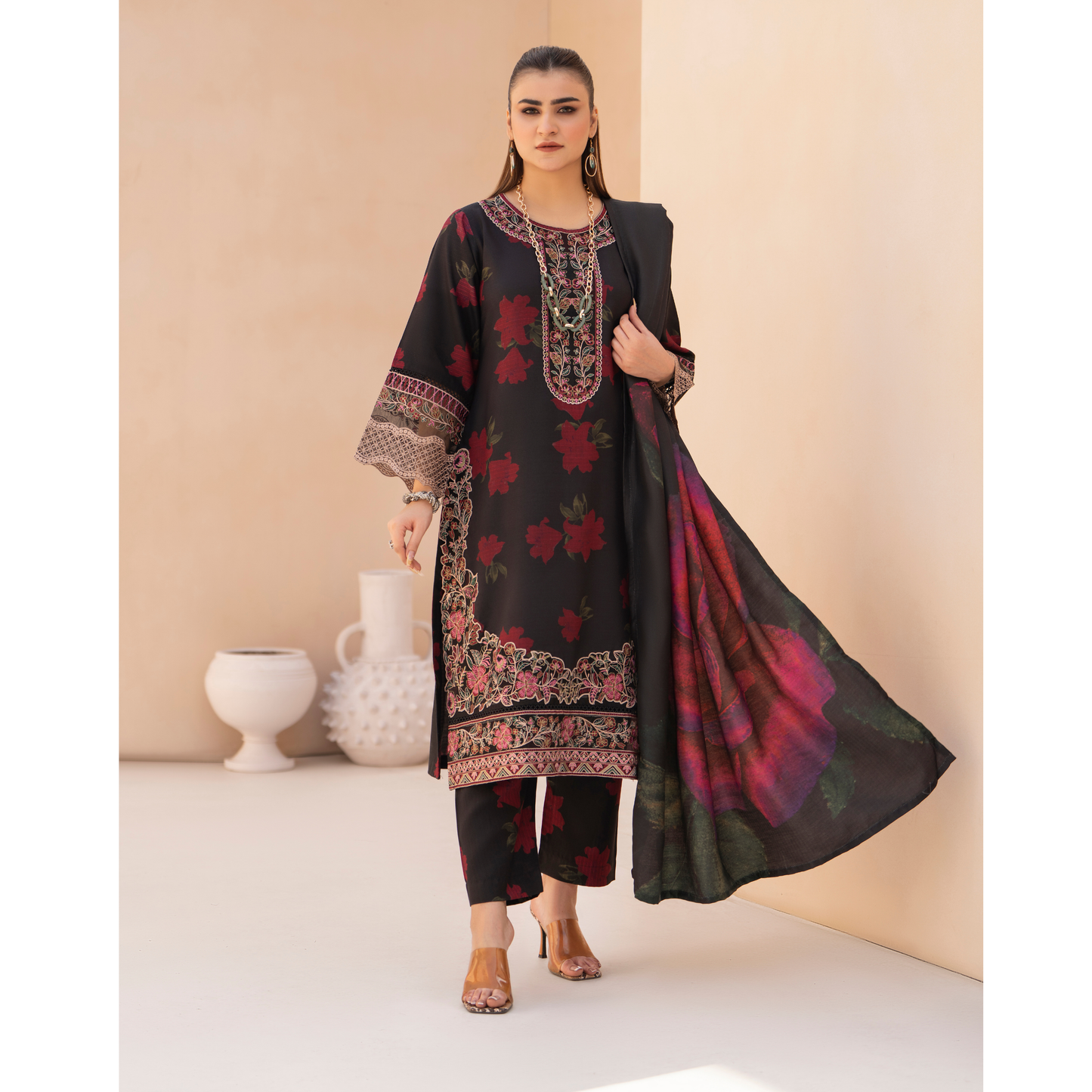 RA-24 Embroidered Printed Dhanak dress with Wool Shawl  by Raniya.h