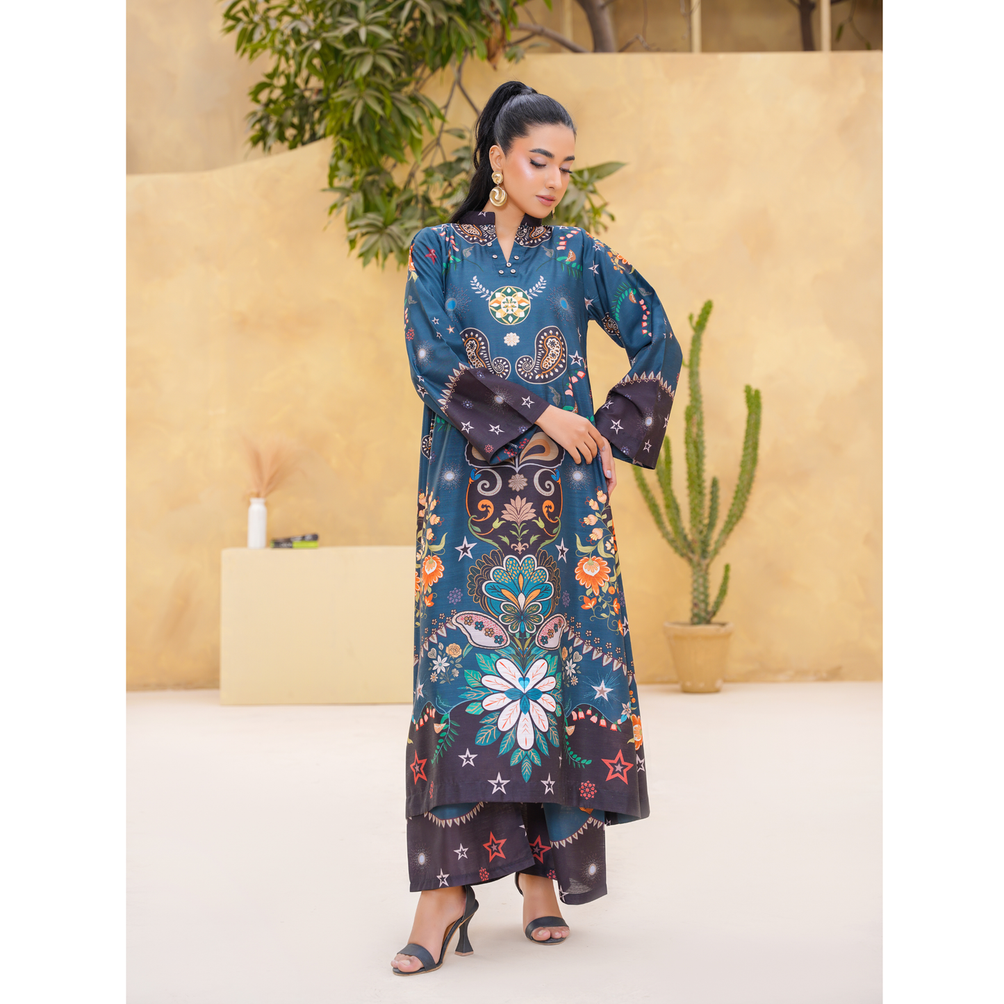 UA-157 Printed Slub Khaddar Kaftan Co-Ord Set | Winter 2 Piece Outfit