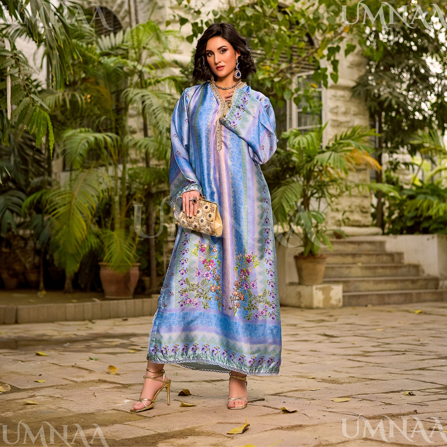 UA-160 Printed Silk kaftan Style long Maxi 1 PC  | Ready to wear | Umnaa