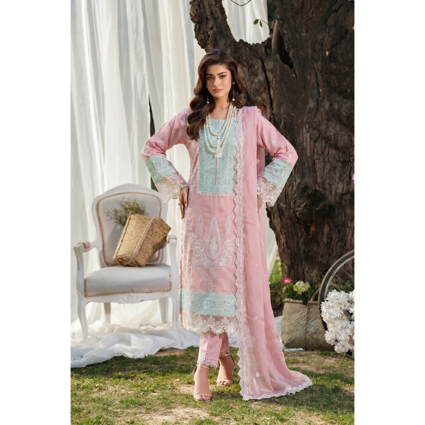 UB-02 3 Pc Embroidered Linen Dress With Embroidered Chiffon Dupatta  By UB