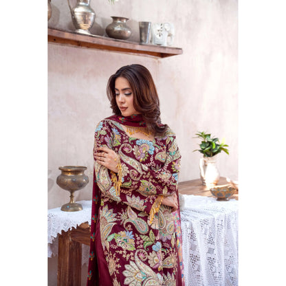 UA-225 Trendy Indian Armani Silk 3 Piece Suit by Umnaa | Embroidered Kameez with Shamoos Silk Shararah & Apple Silk Dupatta | Festive & Party Wear