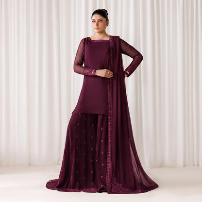 UA-230 Chiffon Sharara Full Sleeves Lined 3 Piece Suit | Chiffon Shirt with Embroidered Sharara & Dupatta | Formal Party Wear