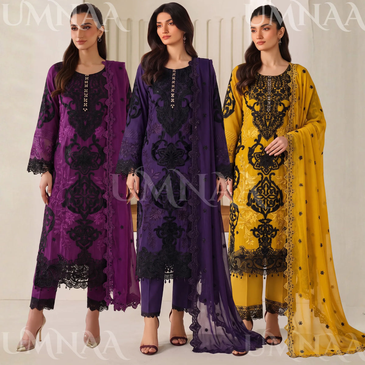 UA-296 Embroidered Chiffon 3 Pc Collection | Umnaa