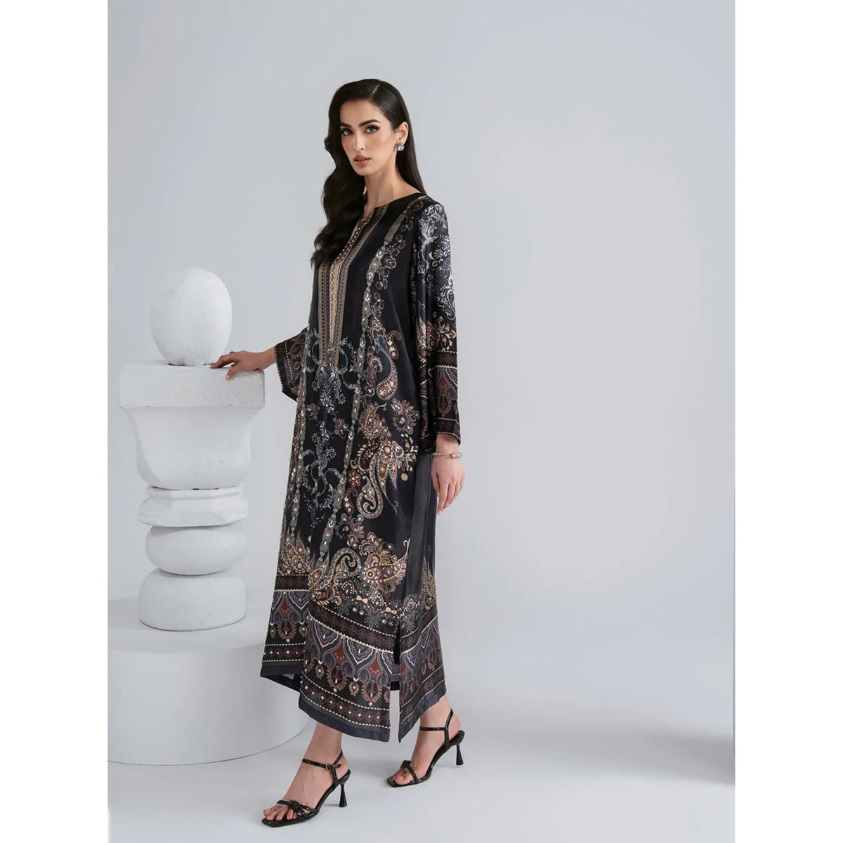UAL-08 Printed Silk Kaftan with Trouser 2 Pc Set | Ally's
