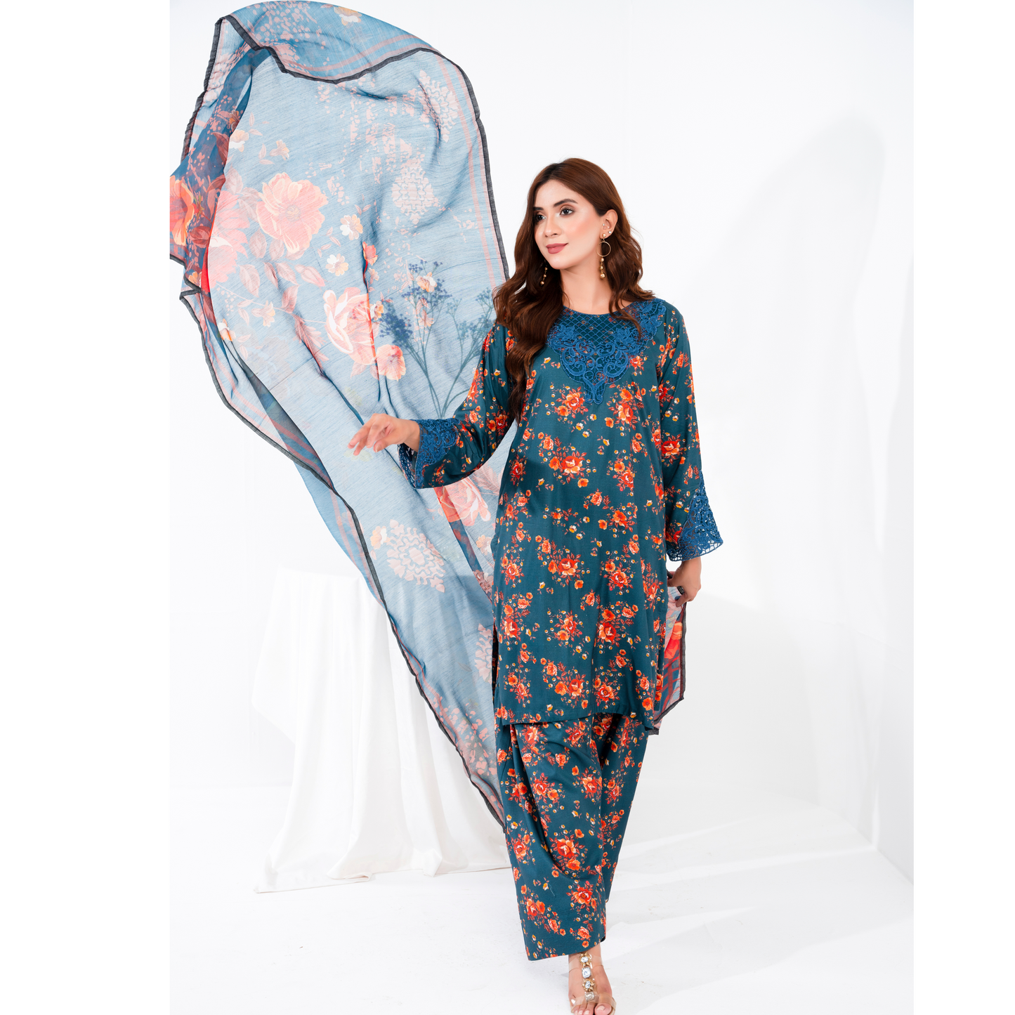 (Regal blue) 3 Pc Printed Floral Embroidered Linen Dress Winter Wear | Raniya.h