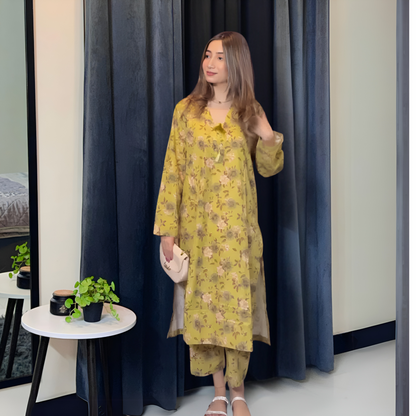 (Dull Mustard) 2 Pc floral Printed Khaddar Pakistani Co-Ords Set | Ready to wear| Naubahar