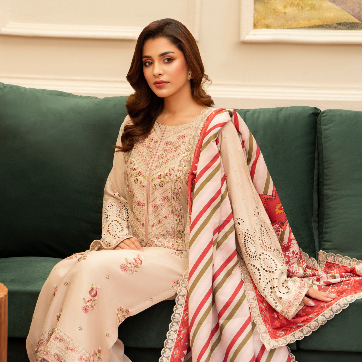 (BEIGE) 3 Pc Ready to Wear Embroidered Printed Collection | Karma Collection | UMKC0804
