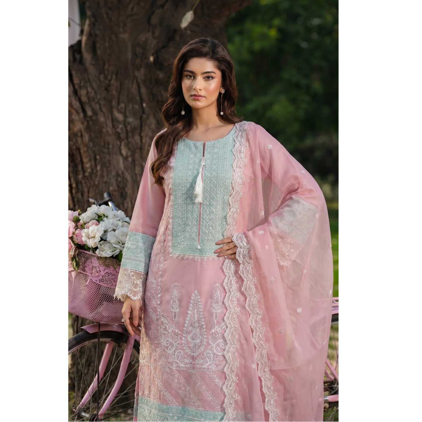 UB-02 3 Pc Embroidered Linen Dress With Embroidered Chiffon Dupatta  By UB