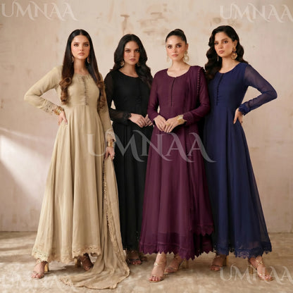 UA-204 Luxury Embroidered Chiffon Frock Collection 3 Pc | Ready to Wear | Umnaa