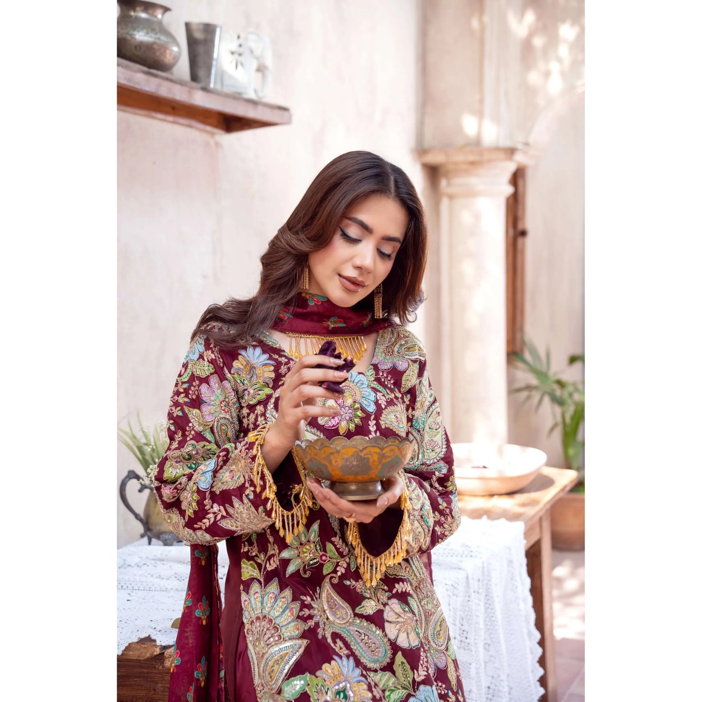UA-225 Trendy Indian Armani Silk 3 Piece Suit by Umnaa | Embroidered Kameez with Shamoos Silk Shararah & Apple Silk Dupatta | Festive & Party Wear