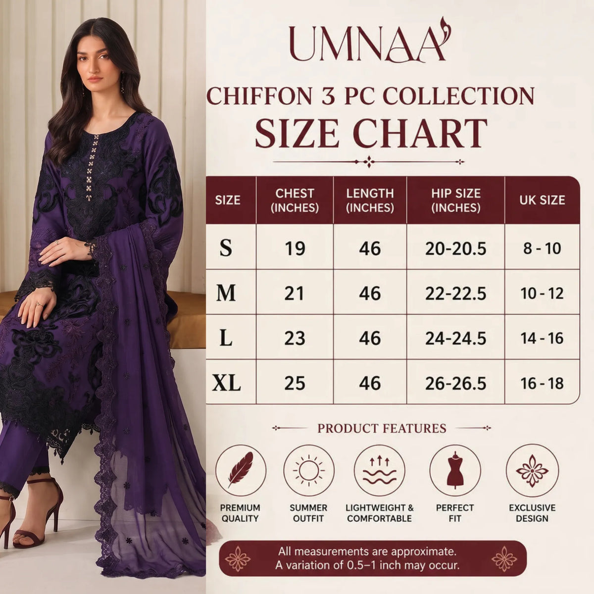UA-296 Embroidered Chiffon 3 Pc Collection | Umnaa