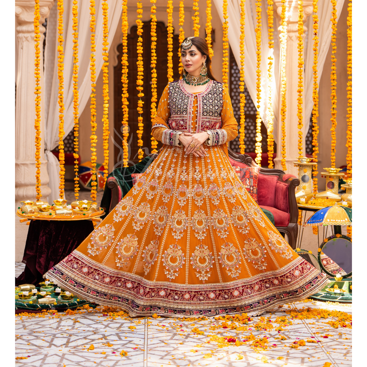 Luxury Embroidered  chiffon long Maxi with velvet jacket | Wedding Collection | karma Collection | UMKC01401
