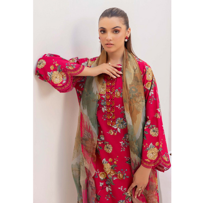 Hot pink 3 Pc Printed Khaddar Ready to Wear Dress - Adan's libas