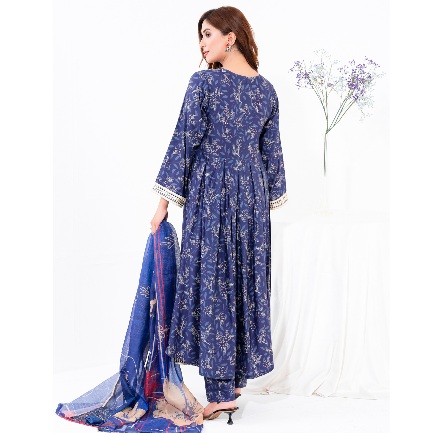 (Navy blue) 3 Pc Printed Floral Embroidered Linen Dress Winter Wear | Raniya.h