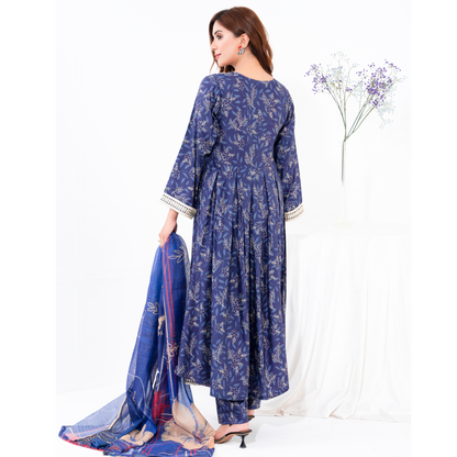 (Navy blue) 3 Pc Printed Floral Embroidered Linen Dress Winter Wear | Raniya.h