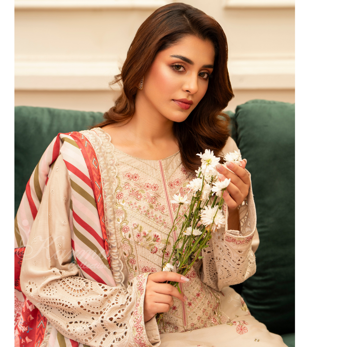 (BEIGE) 3 Pc Ready to Wear Embroidered Printed Collection | Karma Collection | UMKC0804