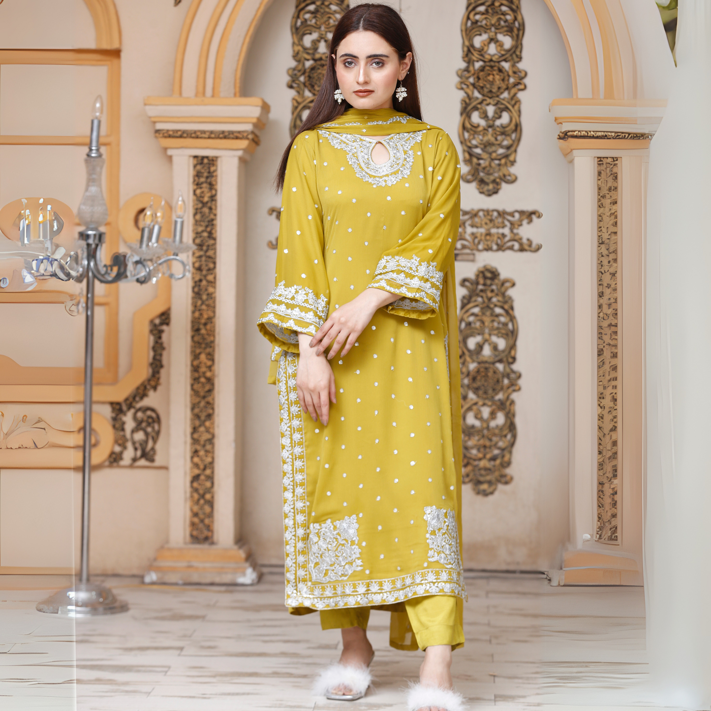 UA-54 3Pc Luxury Embroidered Chiffon Dress with Chiffon Dupatta 3 Pc |Ready to Wear| Umnaa