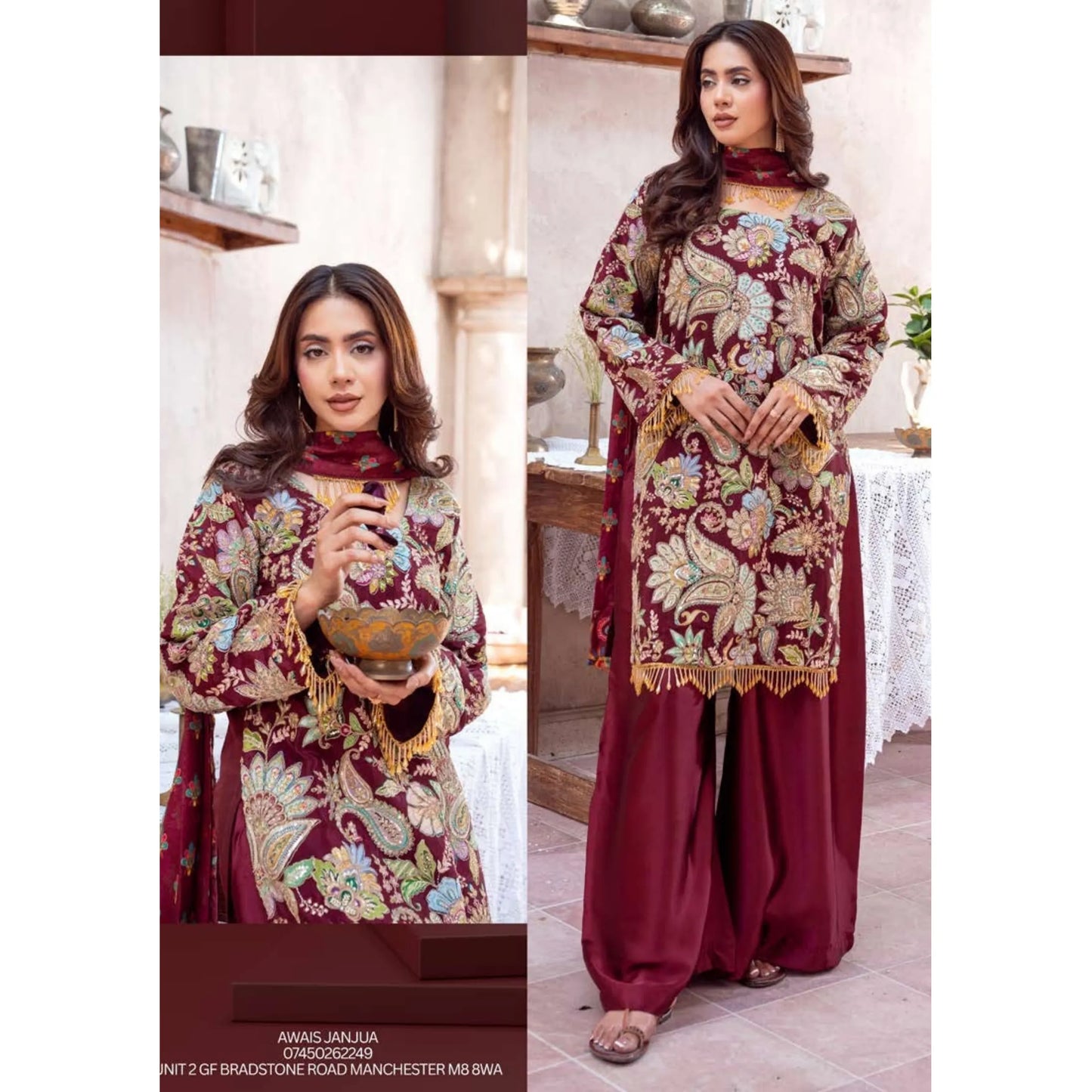 UA-225 Trendy Indian Armani Silk 3 Piece Suit by Umnaa | Embroidered Kameez with Shamoos Silk Shararah & Apple Silk Dupatta | Festive & Party Wear