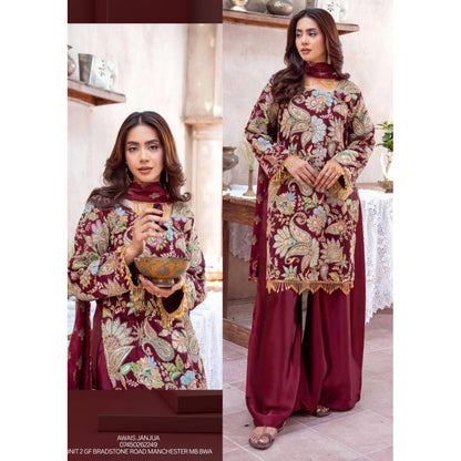 UA-225 Trendy Indian Armani Silk 3 Piece Suit by Umnaa | Embroidered Kameez with Shamoos Silk Shararah & Apple Silk Dupatta | Festive & Party Wear