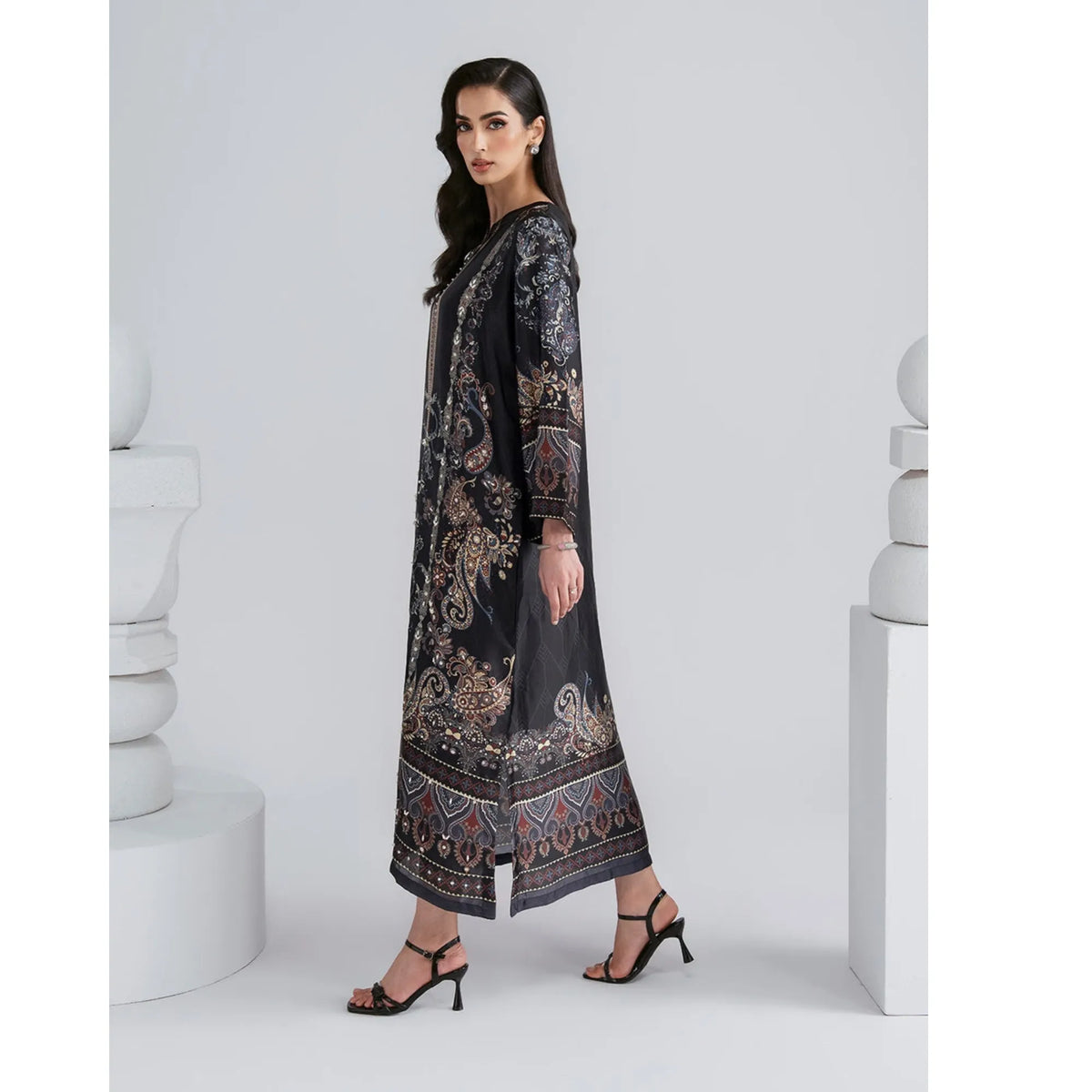 UAL-08 Printed Silk Kaftan with Trouser 2 Pc Set | Ally's