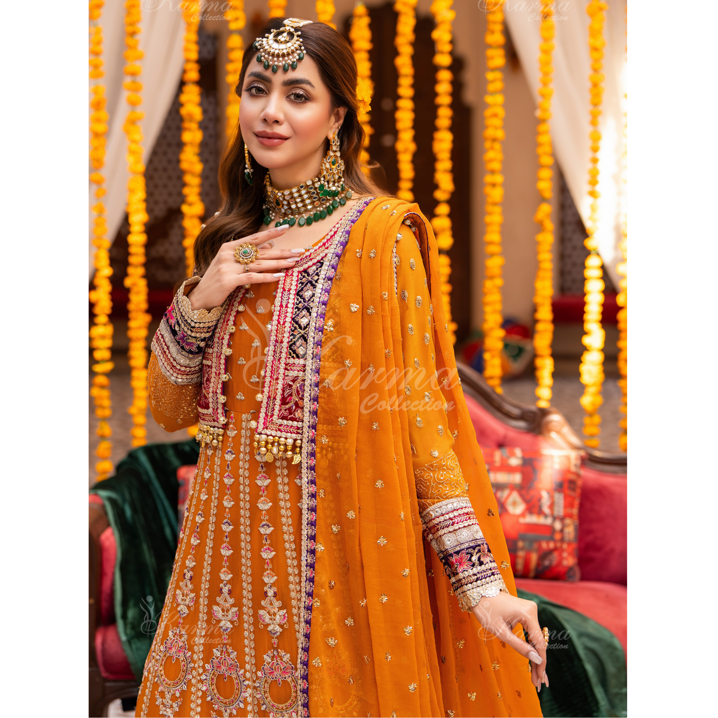 Luxury Embroidered  chiffon long Maxi with velvet jacket | Wedding Collection | karma Collection | UMKC01401