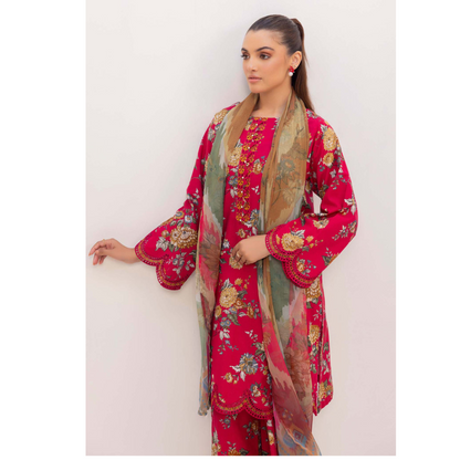 Hot pink 3 Pc Printed Khaddar Ready to Wear Dress - Adan's libas