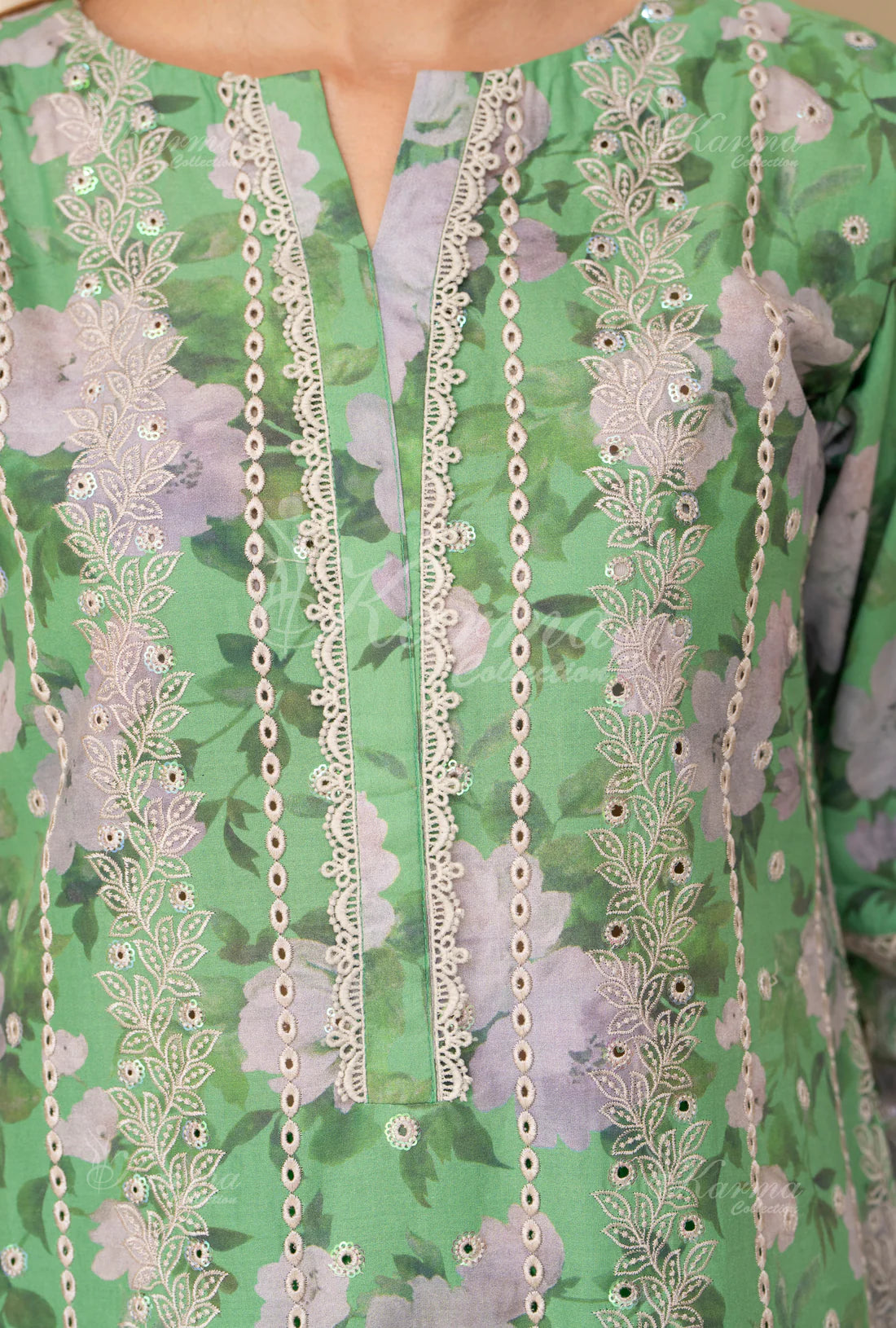 (Mint Green) Printed Chikenkari Cotton Lawn 3 Pc - Karma Collection