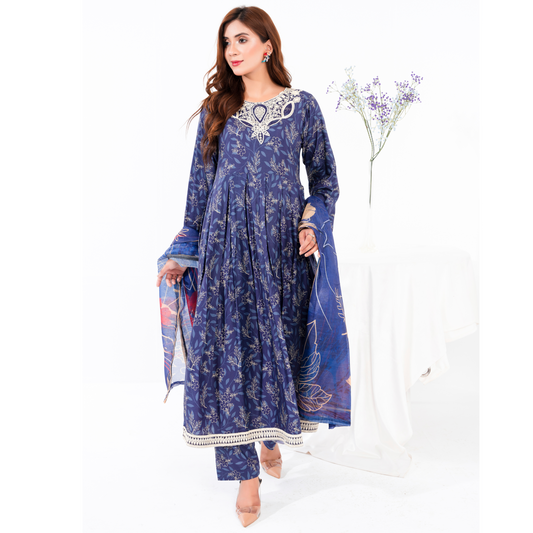 (Navy blue) 3 Pc Printed Floral Embroidered Linen Dress Winter Wear | Raniya.h