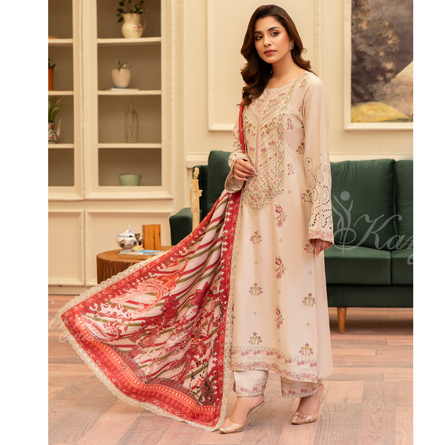(BEIGE) 3 Pc Ready to Wear Embroidered Printed Collection | Karma Collection | UMKC0804