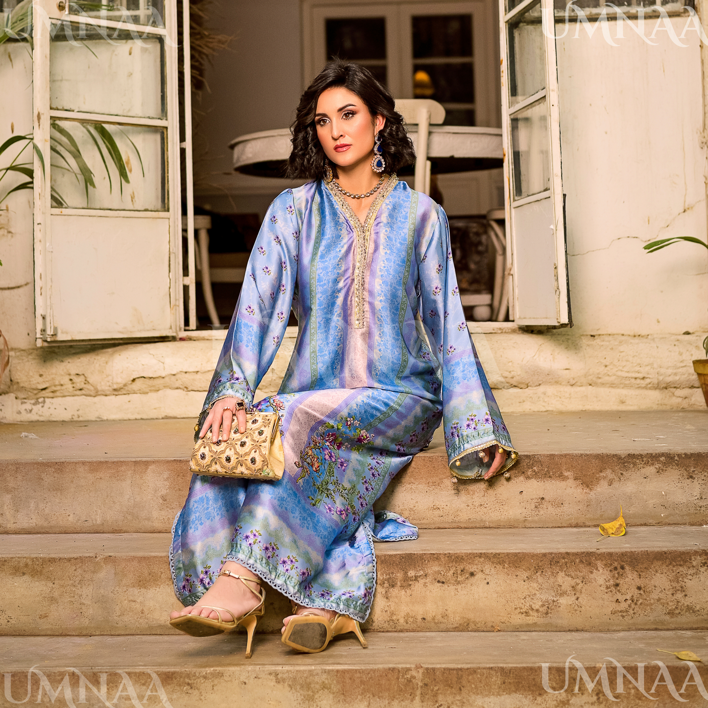 UA-160 Printed Silk kaftan Style long Maxi 1 PC  | Ready to wear | Umnaa