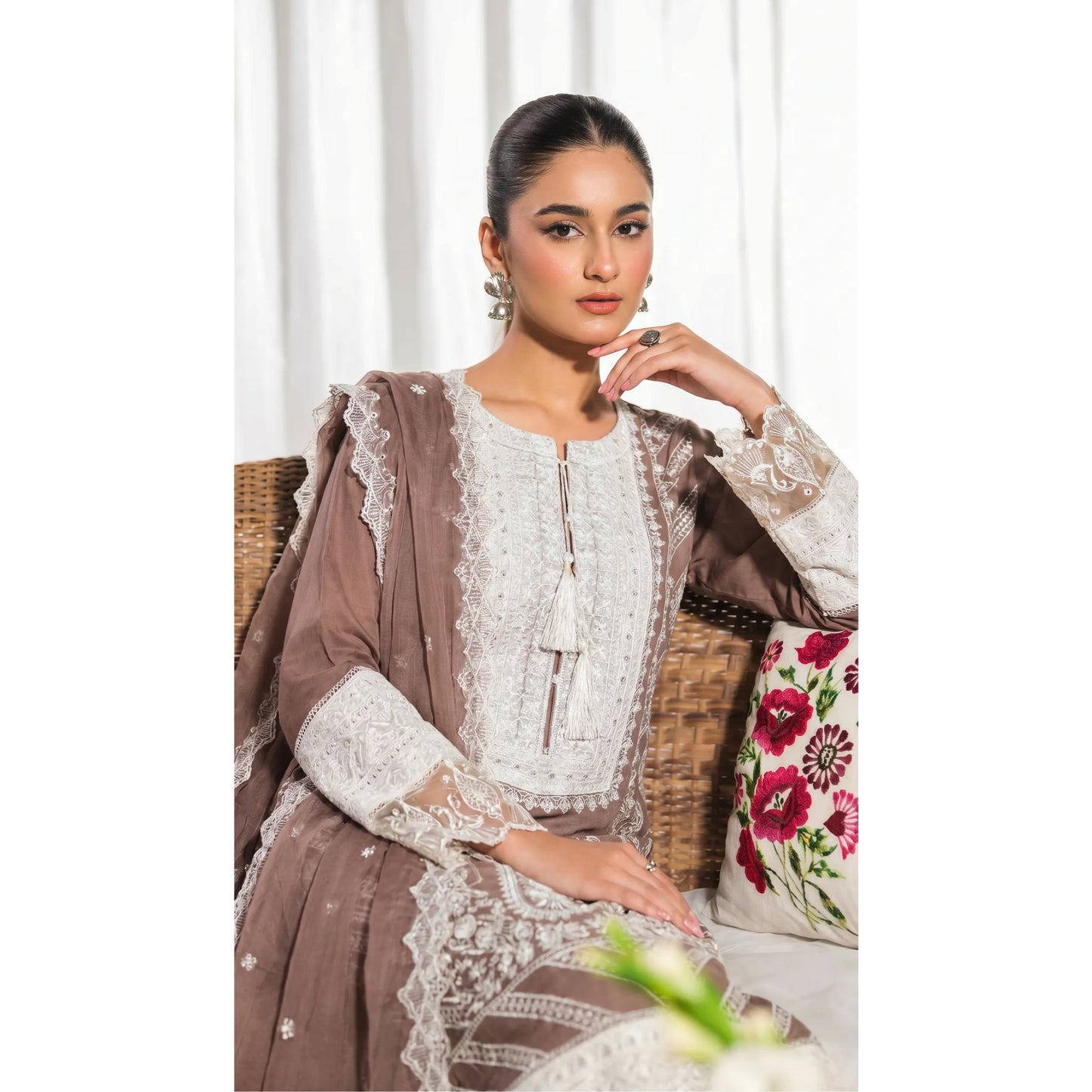 UB-02 3 Pc Embroidered Linen Dress With Embroidered Chiffon Dupatta  By UB