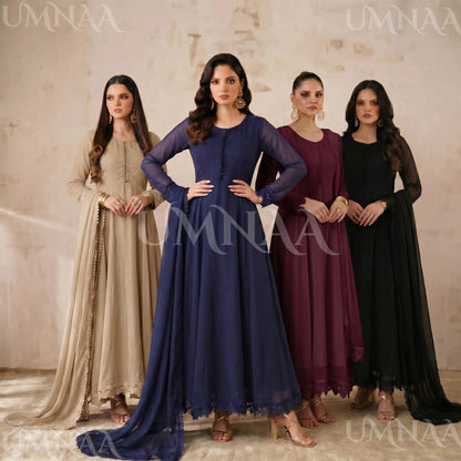 UA-204 Luxury Embroidered Chiffon Frock Collection 3 Pc | Ready to Wear | Umnaa