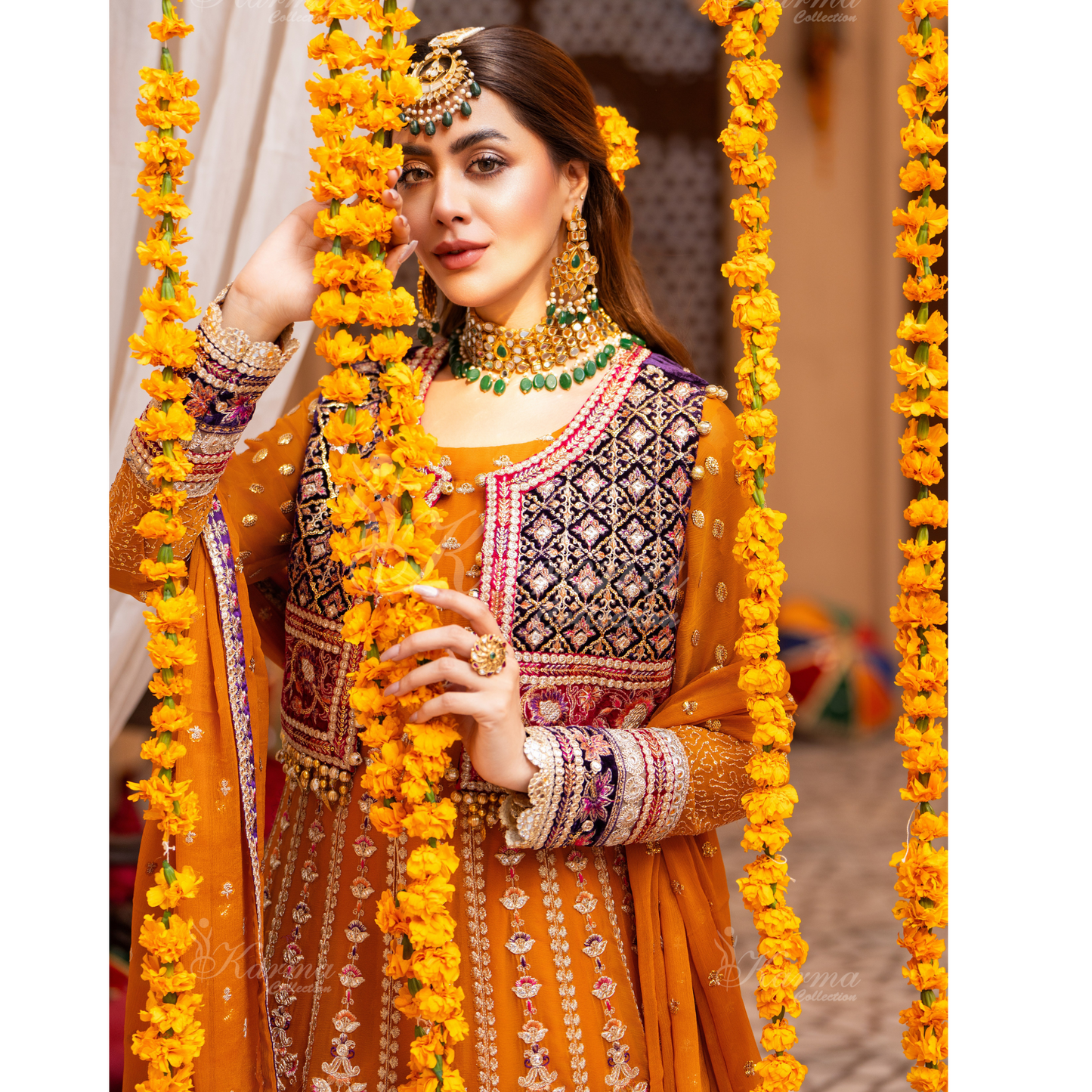 Luxury Embroidered  chiffon long Maxi with velvet jacket | Wedding Collection | karma Collection | UMKC01401