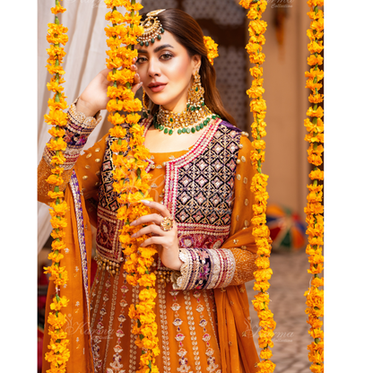 Luxury Embroidered  chiffon long Maxi with velvet jacket | Wedding Collection | karma Collection | UMKC01401